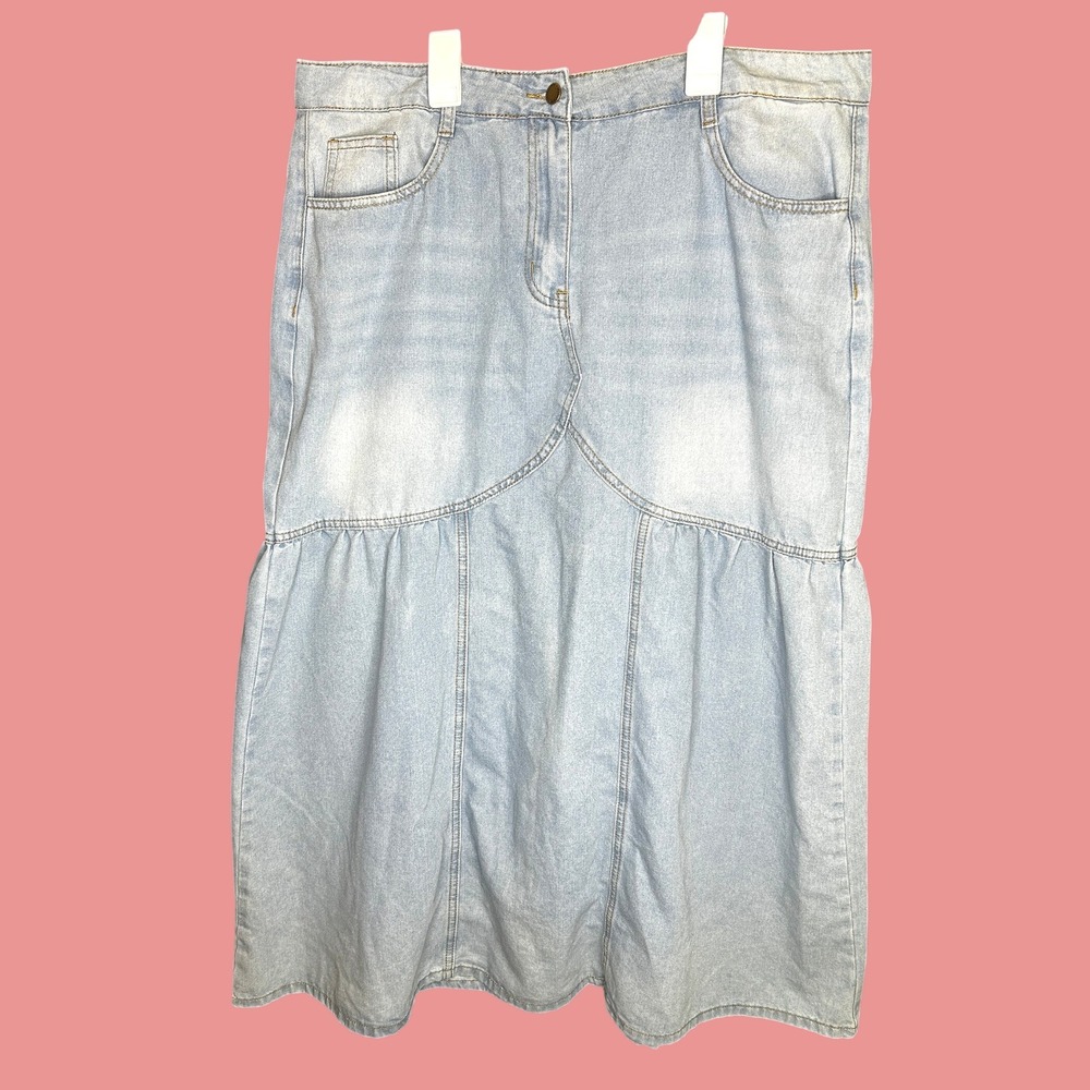 Womens Light Wash Denim Tiered Maxi Skirt Sz 1XL Americana Western Country Plus